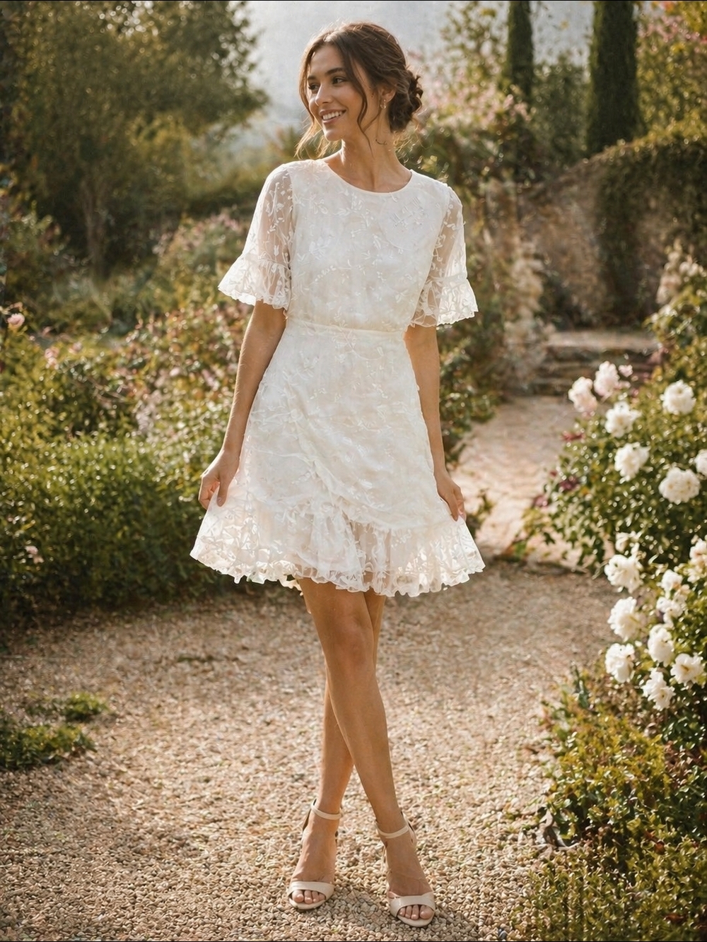 Selfie Leslie White Embroidered Organza Mini Dress Bridal Cottagecore Ruffle